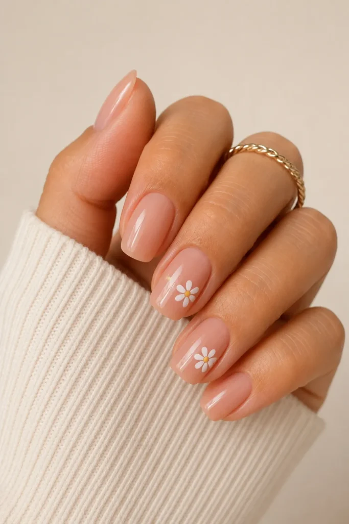 Tiny White Daisy Accent Nails