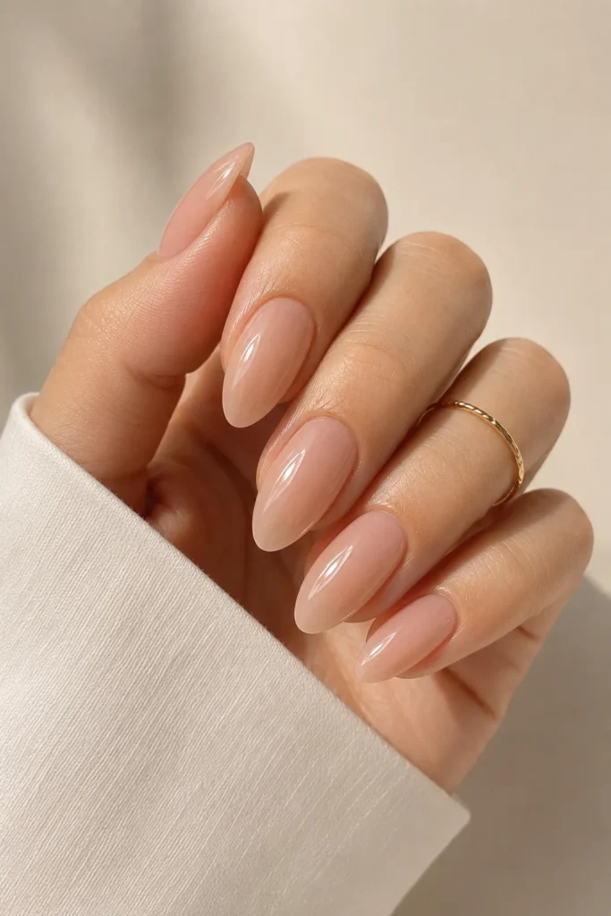 Glossy Nude Almond Nails