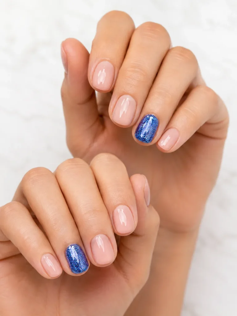 Blue Glitter Accent Nails
