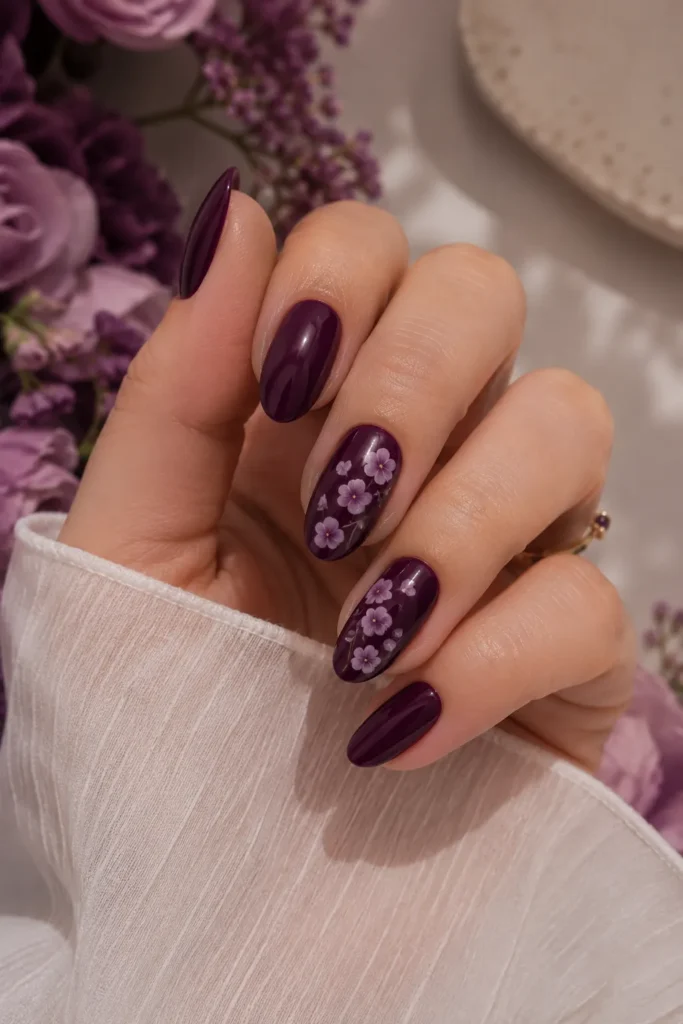 Dark Plum Floral Accent Nails