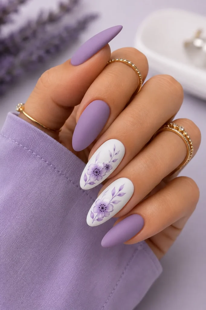  Matte Purple and White Floral Nails