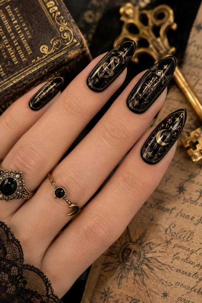 Black and Gold Spellbook Nails