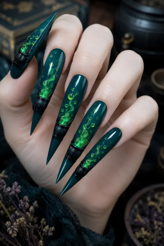 Bubbling Cauldron Nail Art on Deep Teal