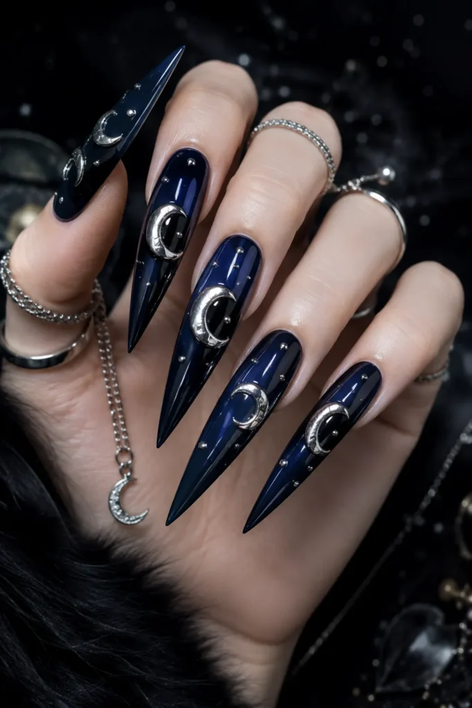 Chrome Crescent Moon Nails on Ink Navy