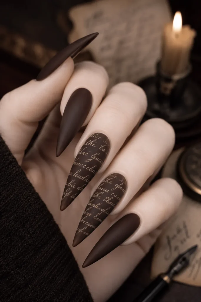Dark Academia Witchy Nails in Espresso & Ivory Script