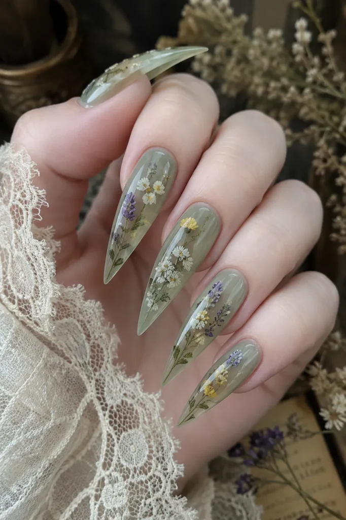  Cottagecore Witch Nails with Pressed Wildflowers
