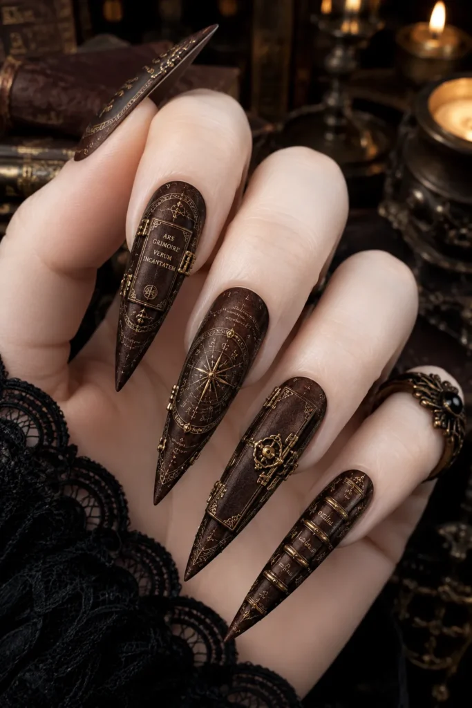 Antique Spellbook Nail Art with Gilded Page Edges