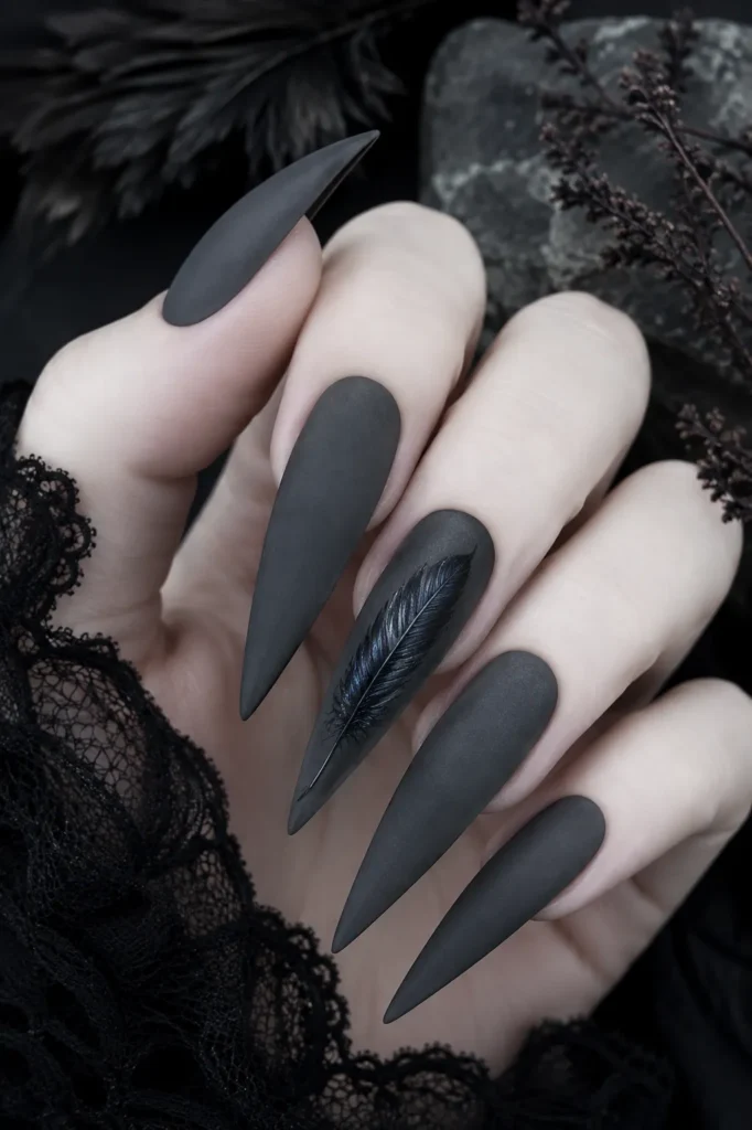  Slate Grey Witch Nails with Raven Feather Art