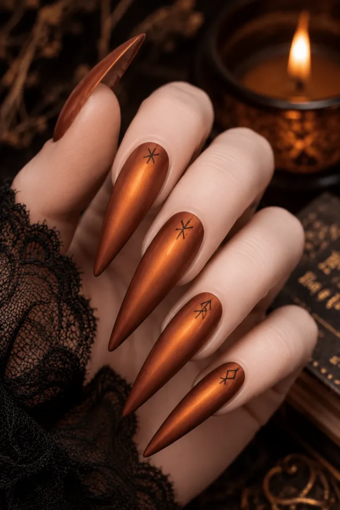  Burnt Amber Nails with Black Rune Stamping