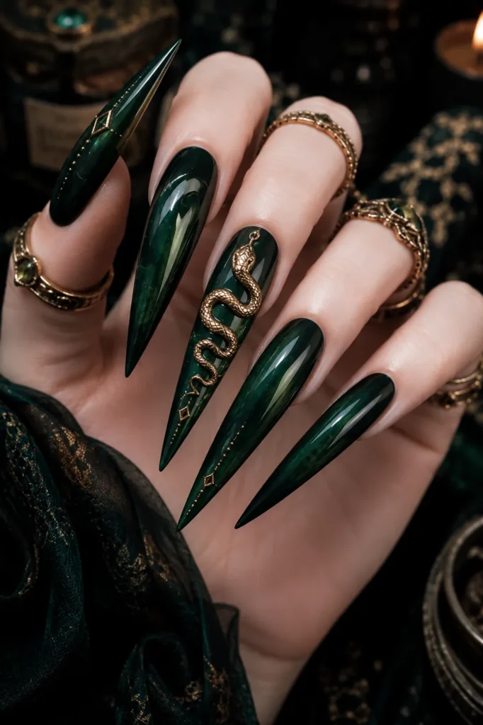 Deep Emerald Witchy Nails with Snake Coil Gold