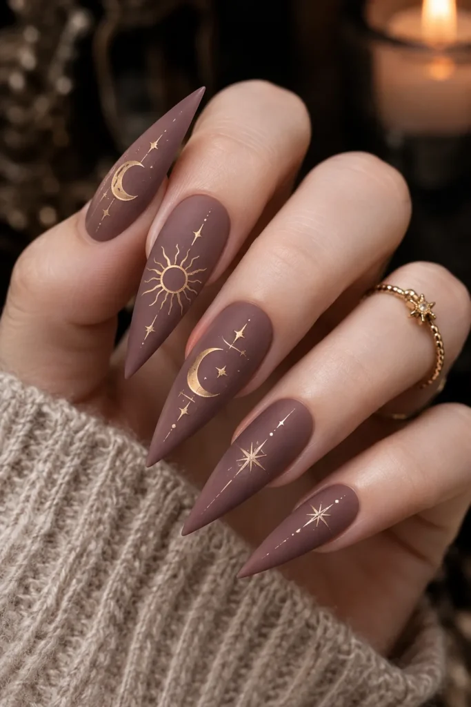 Dusty Mauve Almond Nails with Tarot Card Tips
