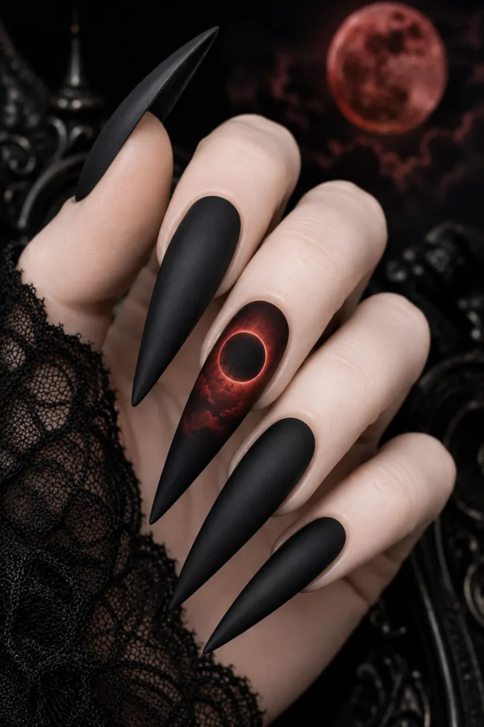 Matte Black Stiletto with Blood-Moon Ombre Ring Finger