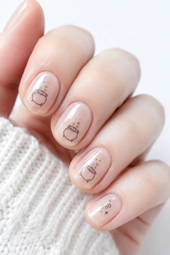 Minimalist Line-Art Cauldron on Bare Nails