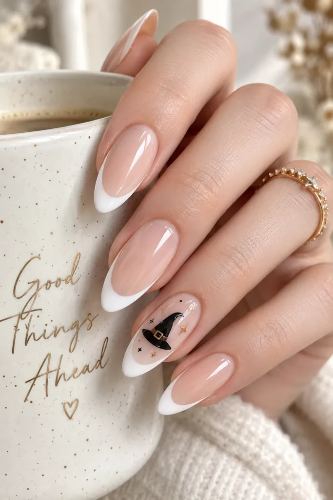 Nude French Tips with Tiny Witch Hats