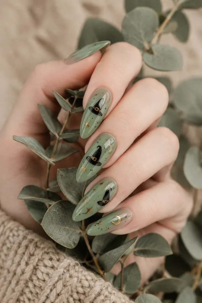 Sage Green Celestial Witch Nails