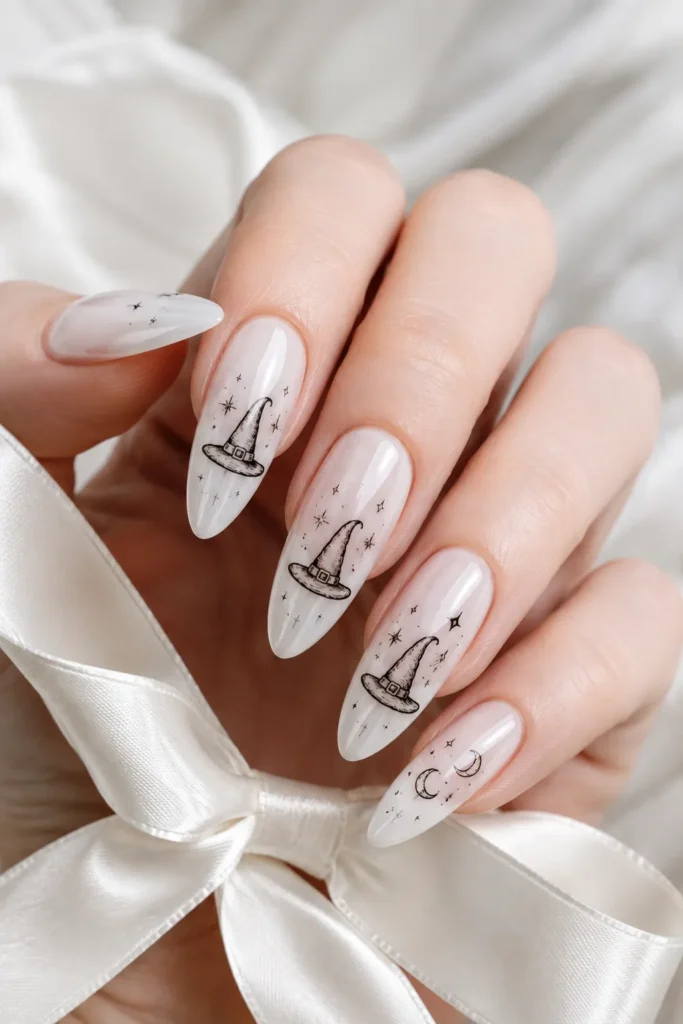 Milky White Witch Hat Nails