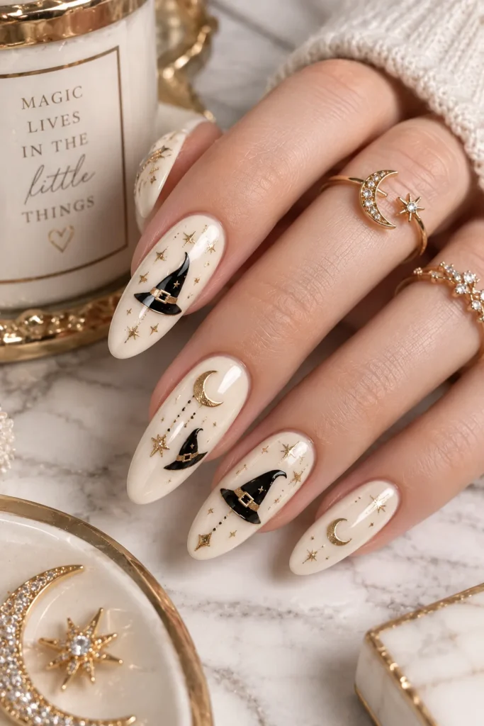 Cream and Gold Witch Hat Nails