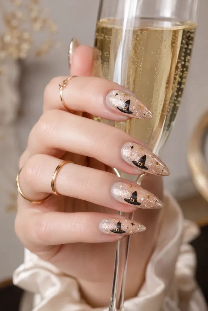 Champagne Glitter Witch Hat Nails