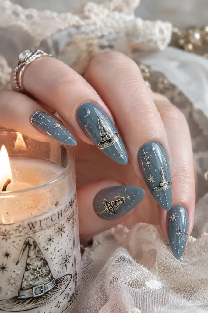 Dusty Blue Celestial Witch Nails