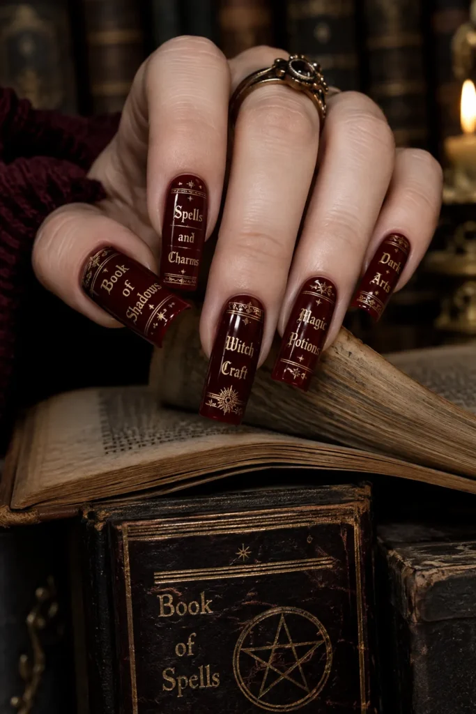 Burgundy Witch Library Nails