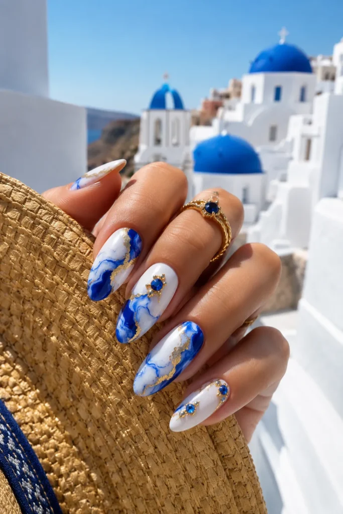  Santorini Blue & White Marble Nails