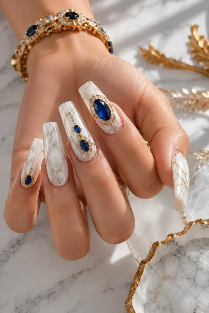 White Marble & Sapphire Stone Nails