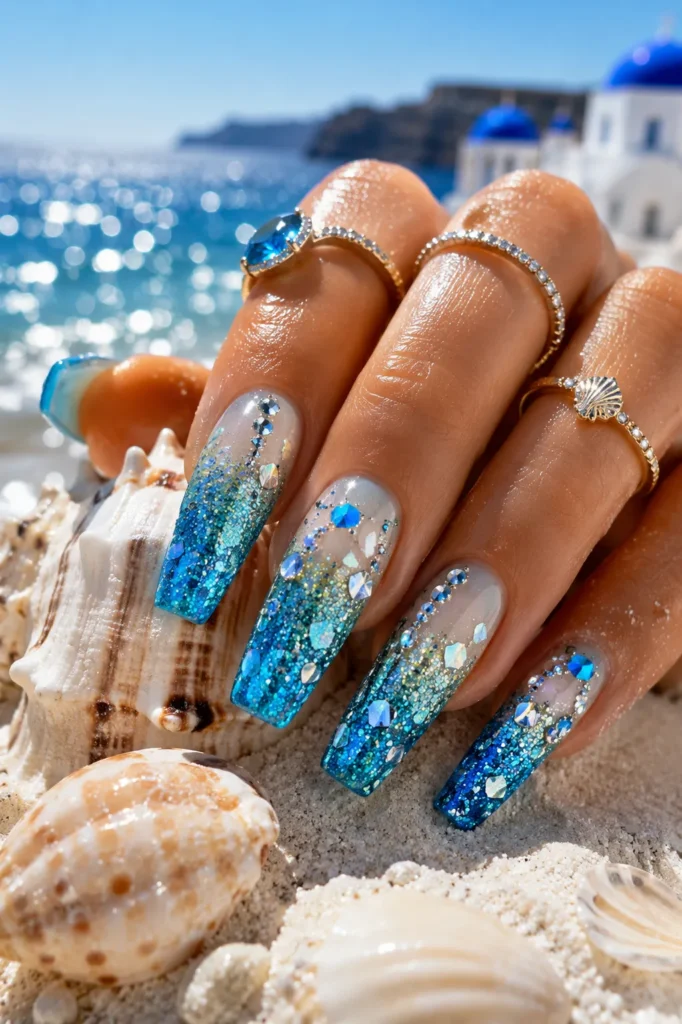Blue Lagoon Glitter Nails