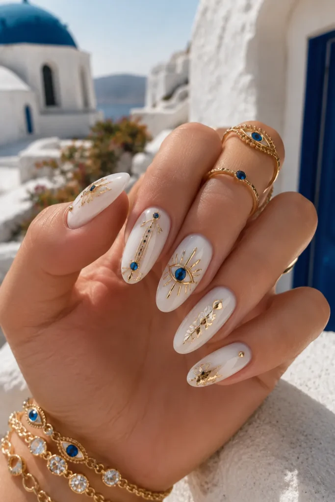 White & Gold Evil Eye Nails