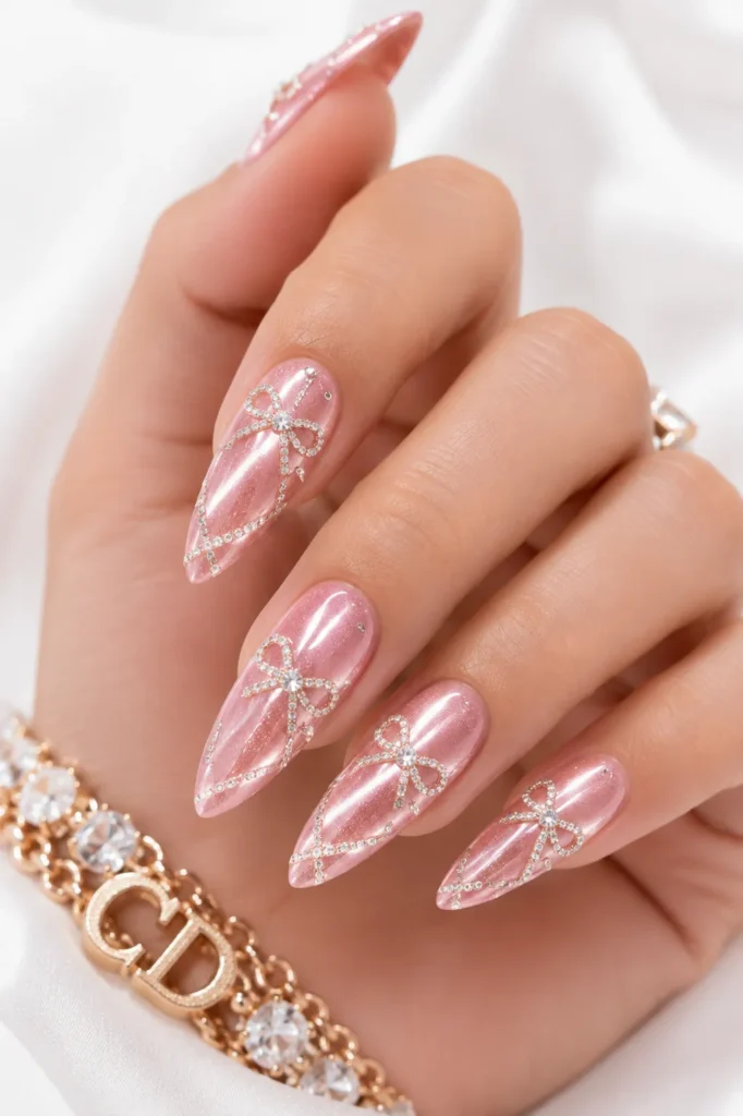 Crystal Ribbon Cat Eye Nails