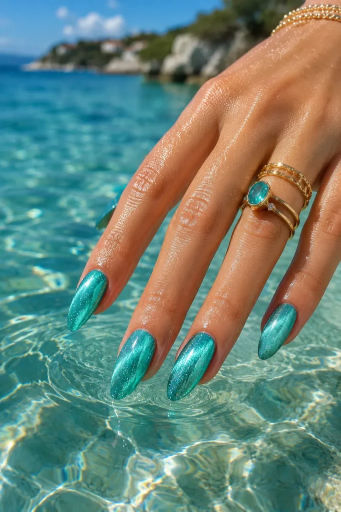 Turquoise Lagoon Velvet Nails
