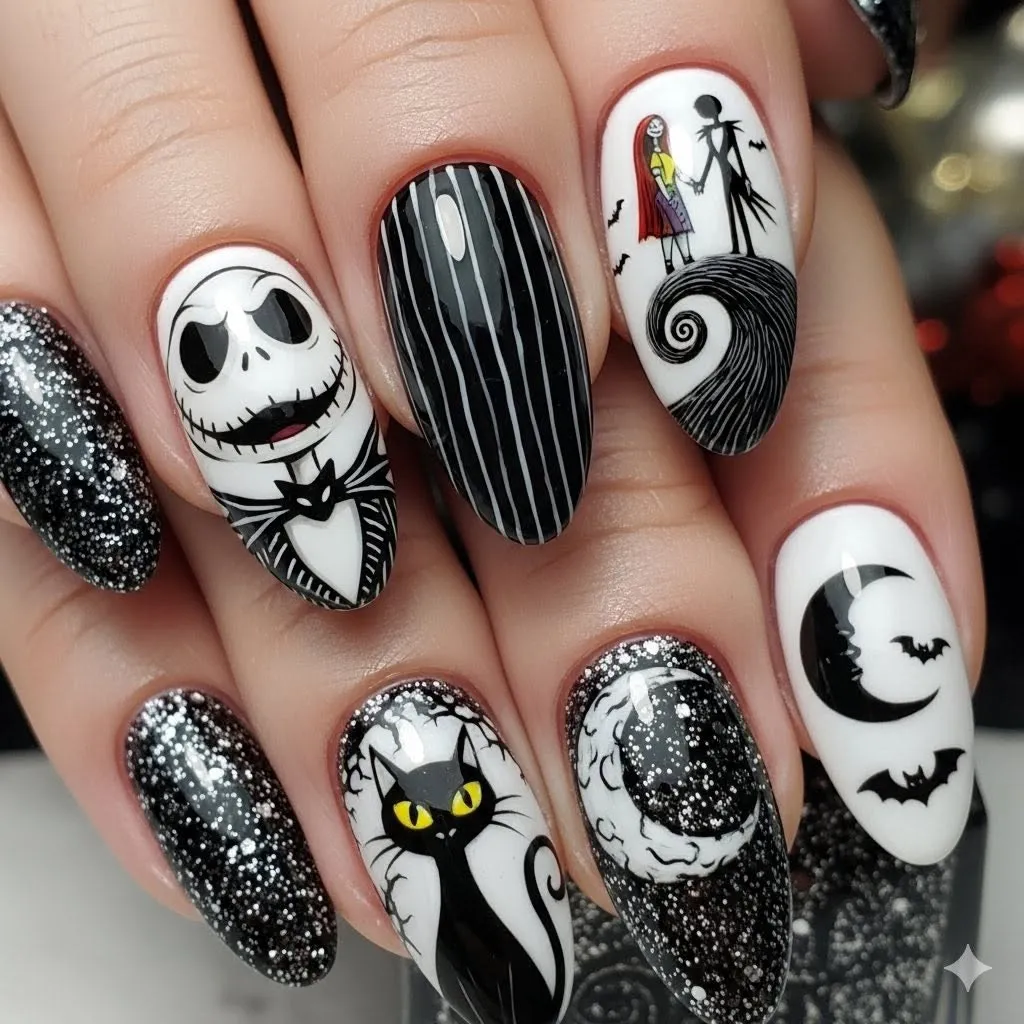 black and white halloween nails