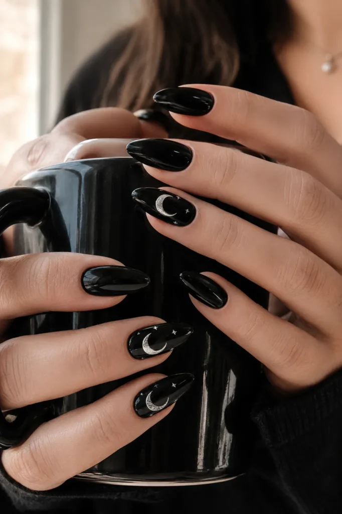 Midnight Black Crescent Moon Nails