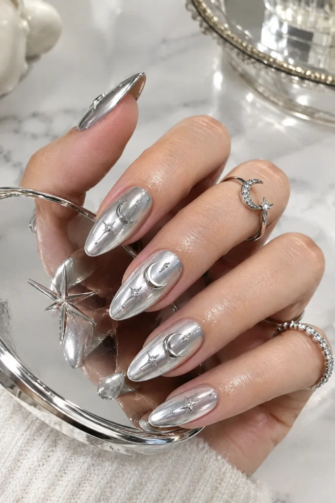Celestial Chrome Moon Nails