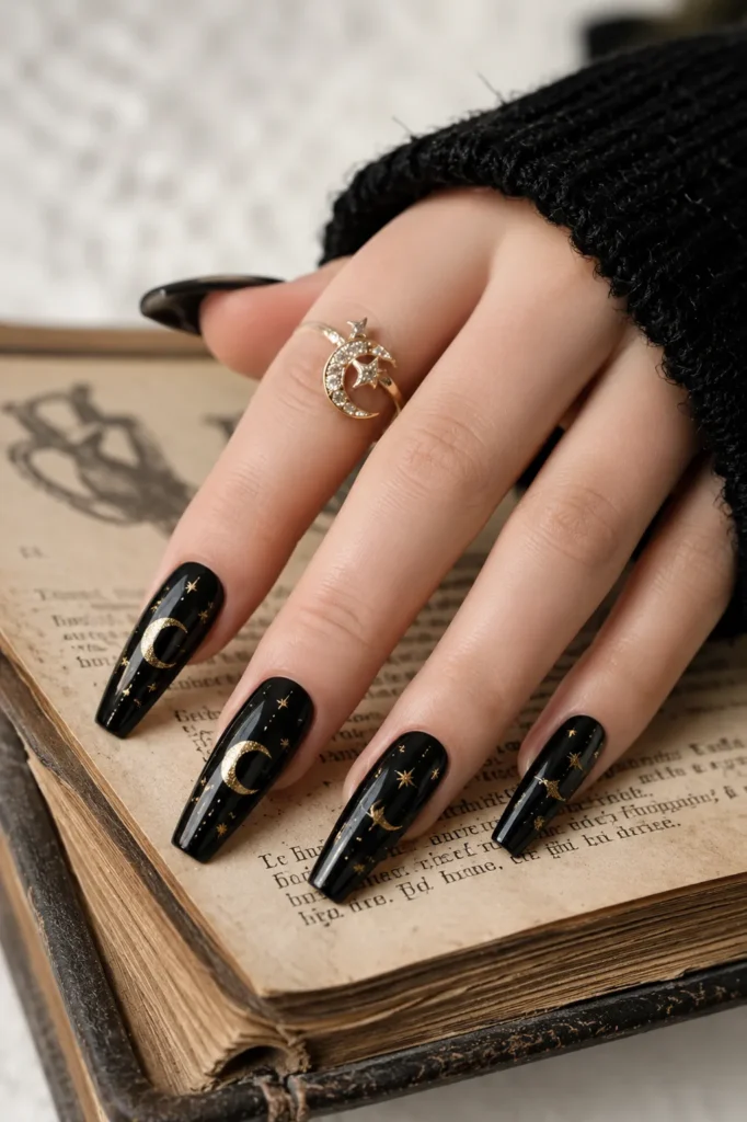 Black and Gold Moon Magic Nails