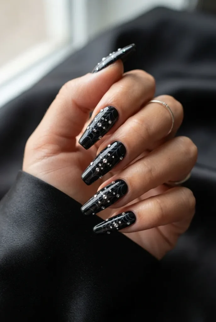 Rhinestone Spider Web Nails