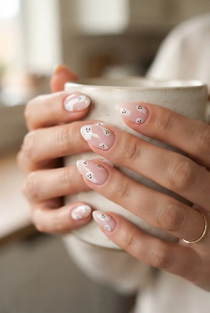 Tiny Smiling Ghost Almond Nails