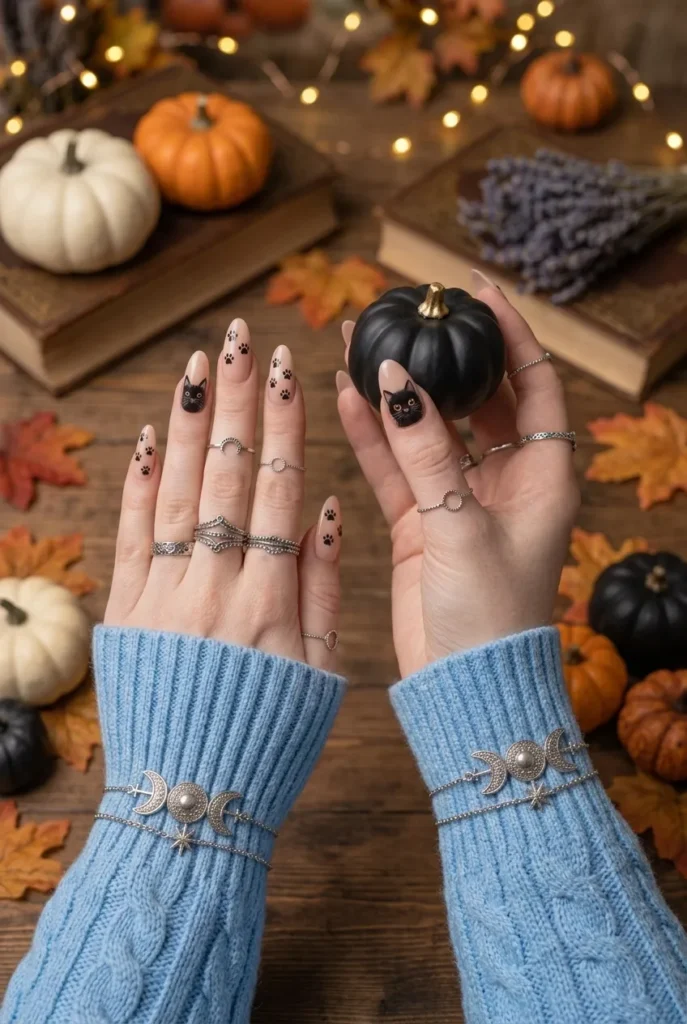 Black Cat Paw Print Nails