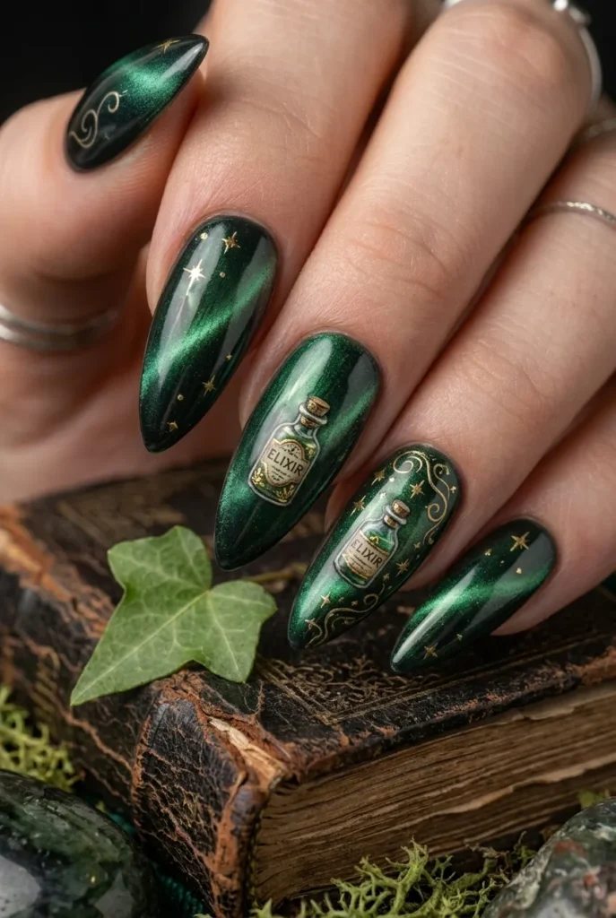 Green Cat-Eye Potion Nails