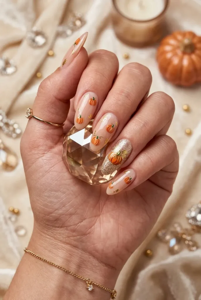 Glitter Pumpkin Accent Nails