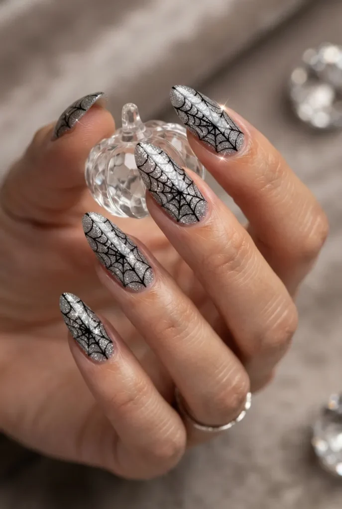 Glitter Spider Web Nails