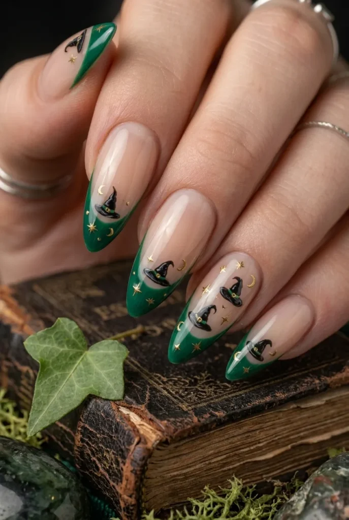Green Witch Hat French Tips