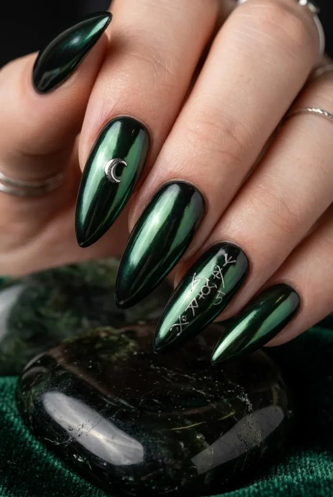 Dark Green Chrome Witch Nails