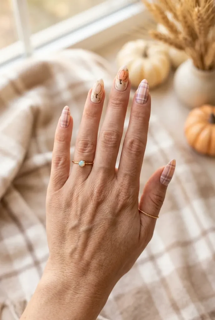 Pastel Pumpkin Plaid Nails