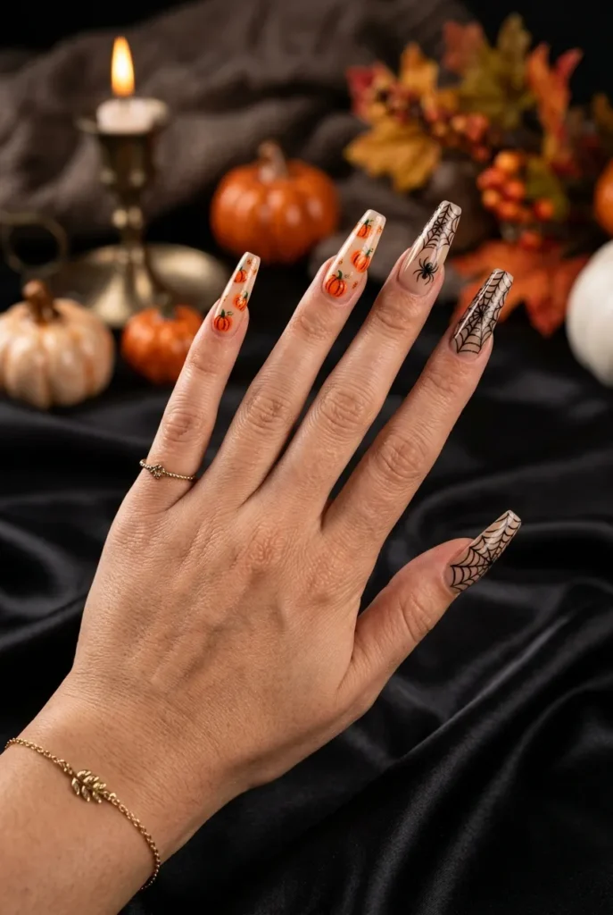 Pumpkin & Spiderweb Nails
