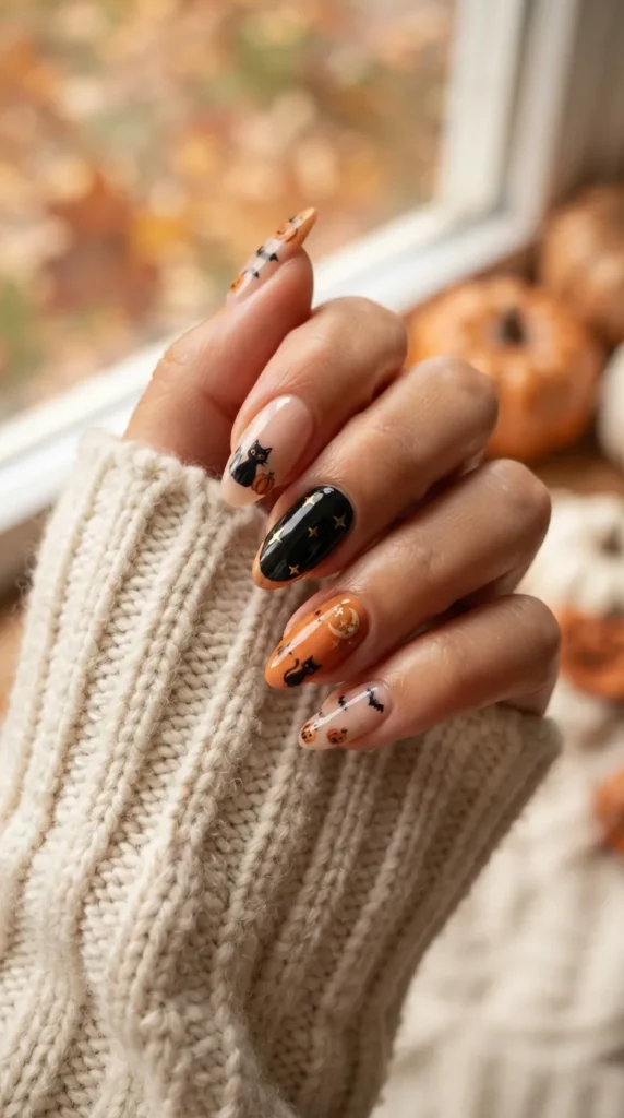 Black Cat and Tiny Pumpkin Nails