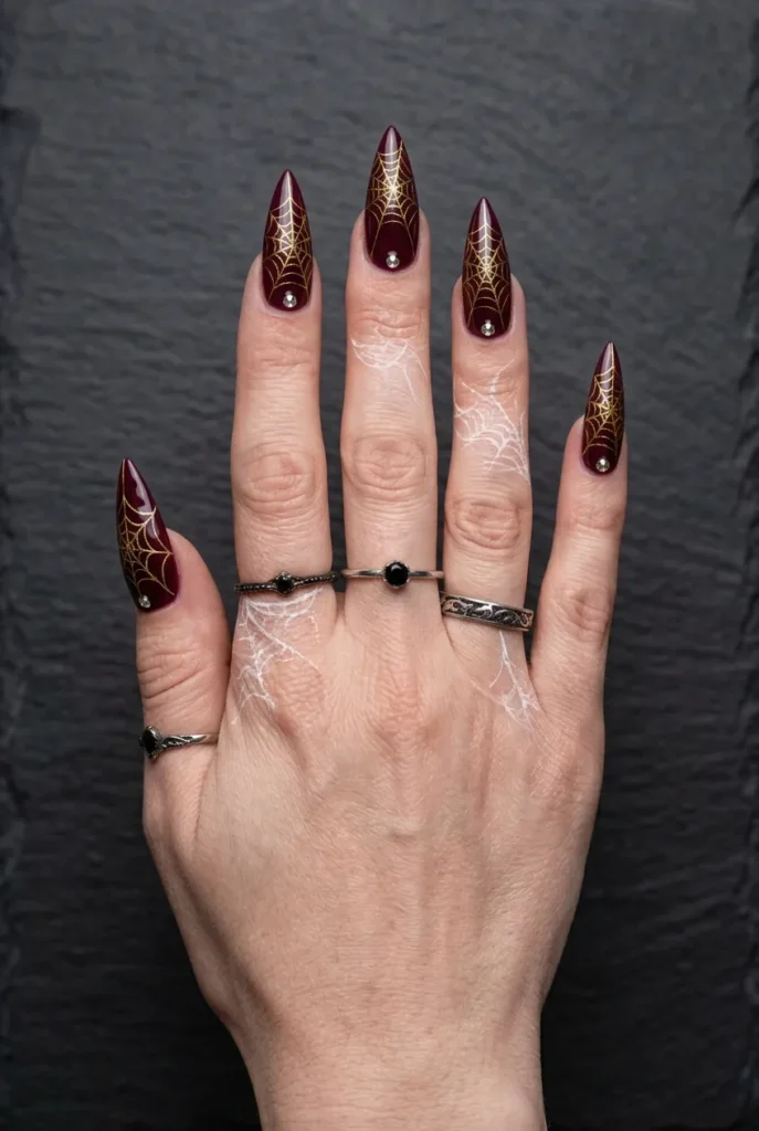 Burgundy Spider Web Nails