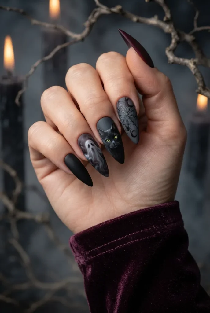 Matte Black Web Accent Nails