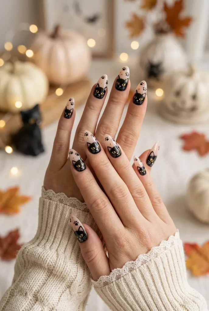 Cute Black Cat Face Nails