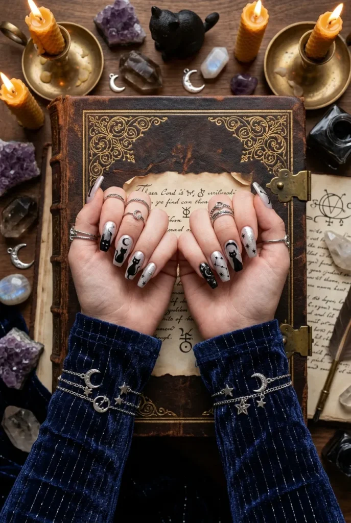 Black Cat and Crescent Moon Nails