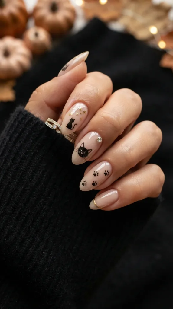 Elegant Black Cat Nails with Gold Details